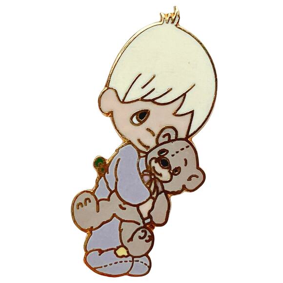 VTG Precious Moments Enamel Lapel Pin 80s Storybook Child Boy Teddy Bear Brooch - Picture 1 of 10